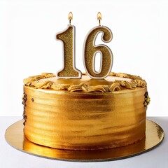 Wall Mural - Decorated gold cake for birthday or anniversary party, candle number 16, white background