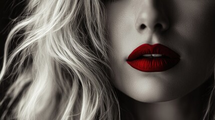 Seductive close-up of lips with bold red lipstick.