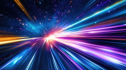 Wall Mural - multiple light streaks and flares blending with a cosmic nebula background in vivid blues and purple