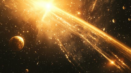 Wall Mural - realistic lens flares in golden and orange tones, with light streaks spreading across a dark cosmic 