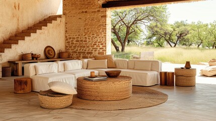 Wall Mural - A round coffee table with a wicker top