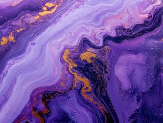 Abstract purple and gold fluid art background with swirling patterns and glittery accents