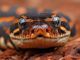 Wall Mural - close-up of a snake with black and orange patterned scales against a blurred background