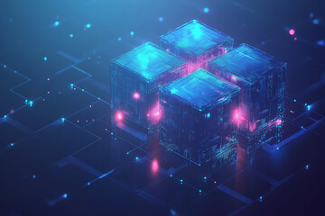 Wall Mural - blockchain technology concept on low poly or polygonal with a block chain of encrypted blocks to sec