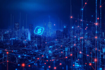 Wall Mural - blockchain technology futuristic and smart city background, electronics money, digital wallet with e