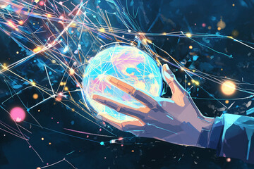 Wall Mural - businessman hand holding global network, futuristic technology background, global business, internet