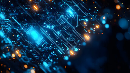 Wall Mural - abstract digital circuitry design with glowing blue elements on a dark background.