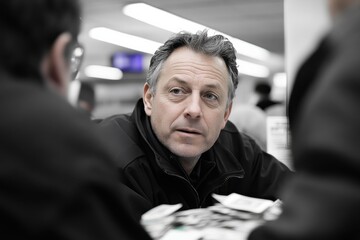 A businessman in a black jacket looks thoughtfully during a meeting, suggesting a complex conversation about financial or strategic decisions.