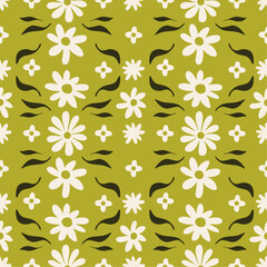 Wall Mural - floral seamless pattern with vector illustration of various plants, leaves and white flowers in retr