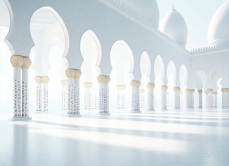 Canvas Print - A white background with Islamic-inspired patterns and arches, a long corridor in the center of which there is an empty space for text or product display. 