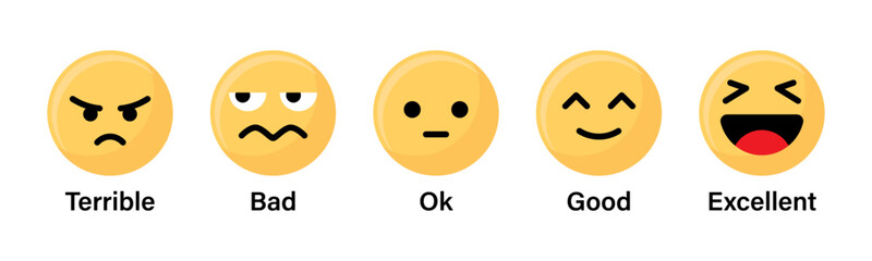 Aufkleber - Rating emoji and face expressions set for feedback and customer experience in yellow color. Set of emoticons with different moods. Emoji. Feedback vector concept. Rank, level of satisfaction rating.
