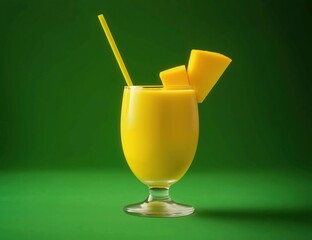 Wall Mural - Mango smoothie in a glass with a straw and a slice of mango on a green background]