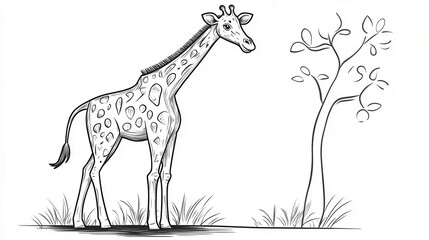  Gentle Giraffe Coloring Page for Kids with Long Neck and Tree