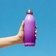 Hand holding violet water bottle mockup isolated on sky background