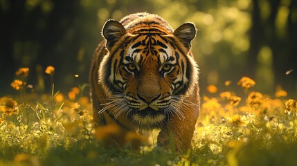 Wall Mural - Majestic tiger walking through a meadow filled with small yellow flowers in golden light