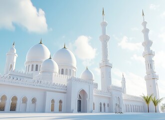 Wall Mural - A white mosque with minarets and domes in Abu Dhabi, photo-realistic, stock photography, sunny day, blue sky, wide-angle, low camera position, white walls, white dome roof, photo realism, professional