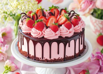 Wall Mural - Strawberry cake with chocolate drizzle, adorned with strawberries and pink frosting on top