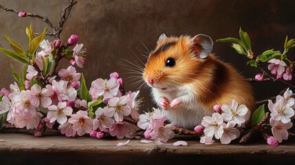 Wall Mural - A Curious Hamster Amongst Cherry Blossoms