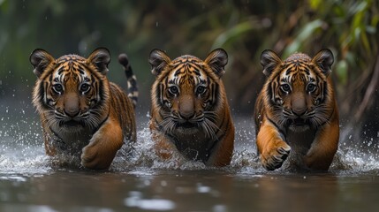Wall Mural - Three tiger cubs walking through the water in a tropical jungle landscape with natural light