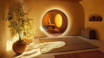 Wall Mural - Minimalist Interior with Circular Window and Warm Tones