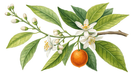 Wall Mural - Watercolor Orange Blossom Branch with Fruit, Isolated on Transparent Background, Botanical Illustration, Floral Design, Orange Blossom, Botanical Painting, Citrus Fruit