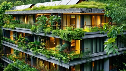 Poster - A contemporary house showcases sustainable architecture, featuring multiple floors adorned with abundant plants and large windows.