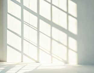 Wall Mural - Abstract shadow of a window on a white wall background, for overlay effect and text splash mockup. Minimalist shadow concept with sunlight from the window. Simple shadow effect, stock photo with 2/3 s