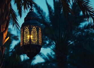 Wall Mural - An Islamic lantern glowing softly in the darkness, casting an enchanting glow on its surroundings. The silhouette of palm trees is visible through the background