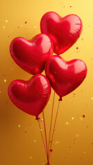 Wall Mural - Red balloons in the form of hearts  on a golden background. Vertical photo	
