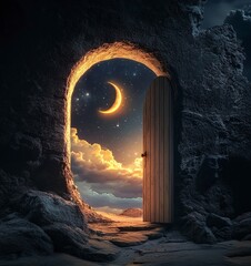 Canvas Print - An open door leading to the night sky with a crescent moon, creating an atmosphere of mystery and tranquility. 