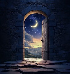 Canvas Print - An open door leading to the night sky with a crescent moon, creating an atmosphere of mystery and tranquility. 