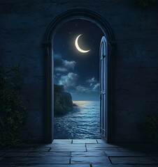 Canvas Print - An open door leading to the night sky with a crescent moon, creating an atmosphere of mystery and tranquility. 