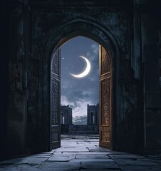 Canvas Print - An open door leading to the night sky with a crescent moon, creating an atmosphere of mystery and tranquility. 