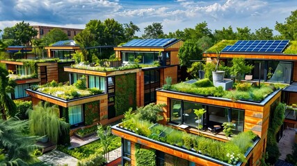 Poster - This vibrant community showcases modern eco-friendly houses designed with sustainable materials.