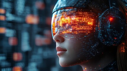 Woman wearing futuristic headset, analyzing code, dark background, tech concept