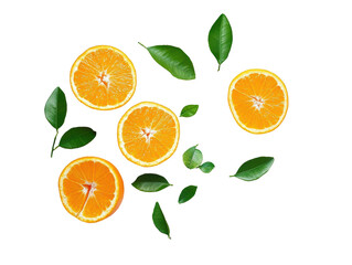 Wall Mural - Isolated Orange Slices and Green Leaves Arrangement