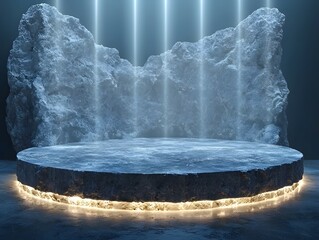 Wall Mural - glowing crystal like podium illuminated by beams of light in misty dark room for product display con