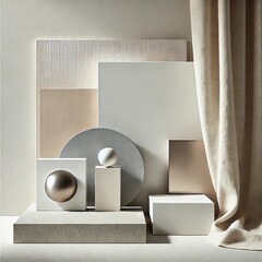 Wall Mural - A minimalist abstract image focusing on clean and modern textures, featuring smooth polished concrete, matte metal surfaces, and soft linen fabric