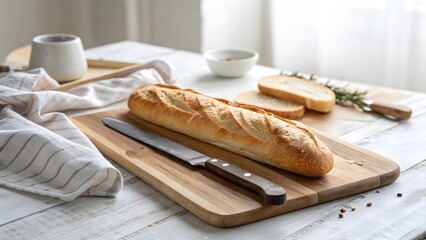 Crusty Bread Loaf on Wooden Cutting Board Kitchen Still Life