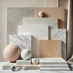 Wall Mural - A minimalist design emphasizing various textures, including smooth concrete, polished marble, natural wood, and soft fabric