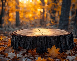 Wall Mural - Autumn Podium in Forest Clearing with Warm Golden Light Empty Podium Background for Product Display Concept