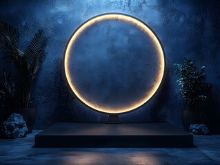 Wall Mural - Minimalist Black Podium with Glowing Ring Lights in Moody Gradient Studio Scene for Product Display