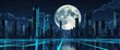 © Earl - Cyberpunk city with electric blue neon lines pale moon suspended in a dark starry sky illustration background design