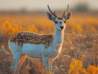 Wall Mural - A captivating shot of a young deer with unique spotted fur in golden field