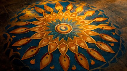 Wall Mural - Vibrant Peacock Rangoli Yellow Hues for Festive Decor