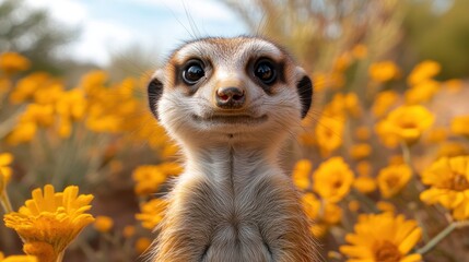 Wall Mural - Close-up of a meerkat in a field of yellow flowers with a shallow depth of field