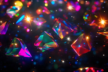 Wall Mural - colorful geometric light reflections with flashes and particles on dark background. abstract space t