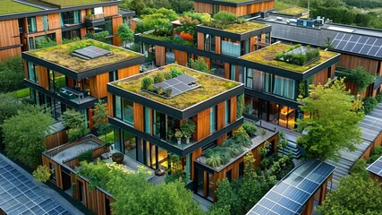 Leinwandbilder - Stunning eco-house design featuring lush green roofs, solar panels, and abundant vegetation. This unique urban landscape highlights sustainability and modern living.