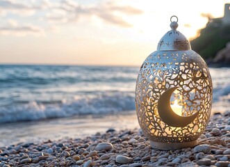 Wall Mural - Arabic lantern of Ramadan on the beach with crescent moon and star, copy space for text, stock photo background