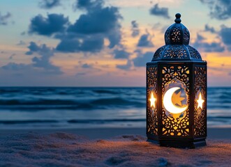 Wall Mural - Arabic lantern of Ramadan on the beach with crescent moon and star, copy space for text, stock photo background